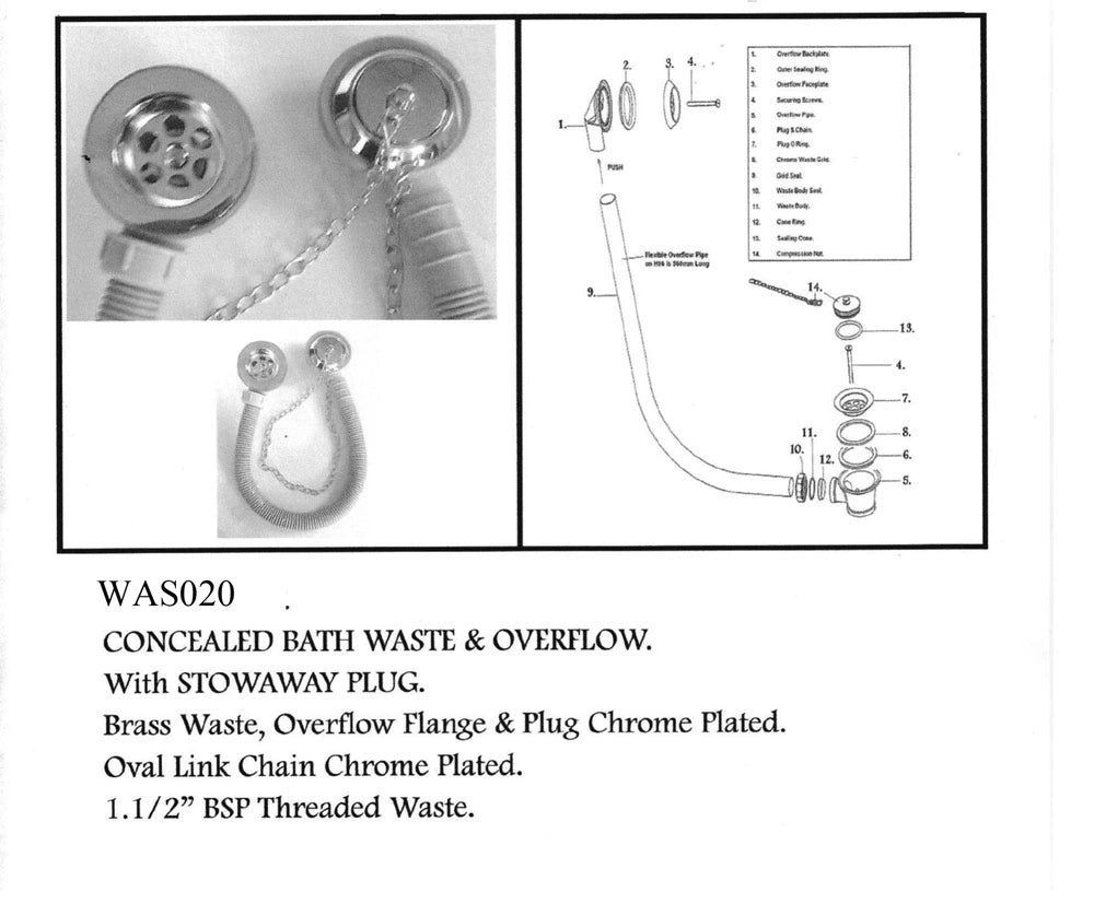 BC Designs Concealed Plug & Chain Bath Waste Kit specification technical drawing