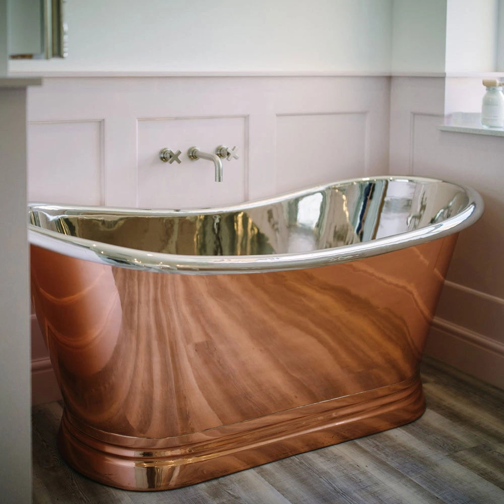 BC Designs Copper Nickel Roll Top Boat Bath 1700mm x 725mm BAC010 within traditional bathroom with wall mounted tap
