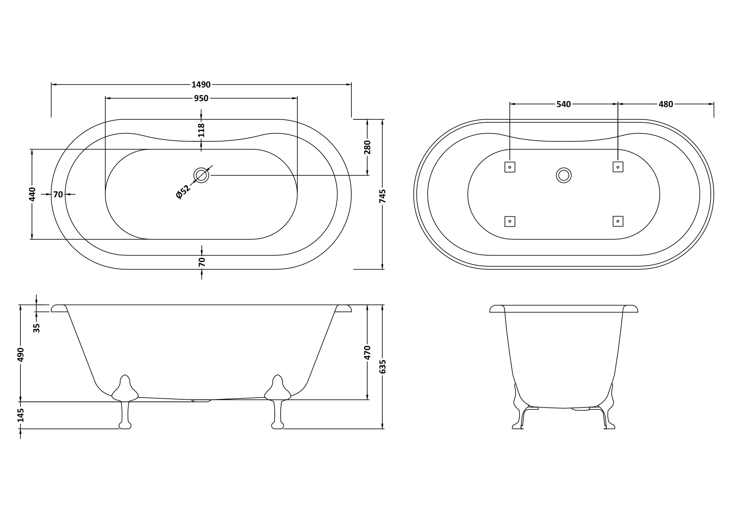 BC Designs Elmstead Acrylic Freestanding Bath, Roll Top Painted Bath With Feet 1500mm x 745mm BAU035 BAU045 technical dimension drawings