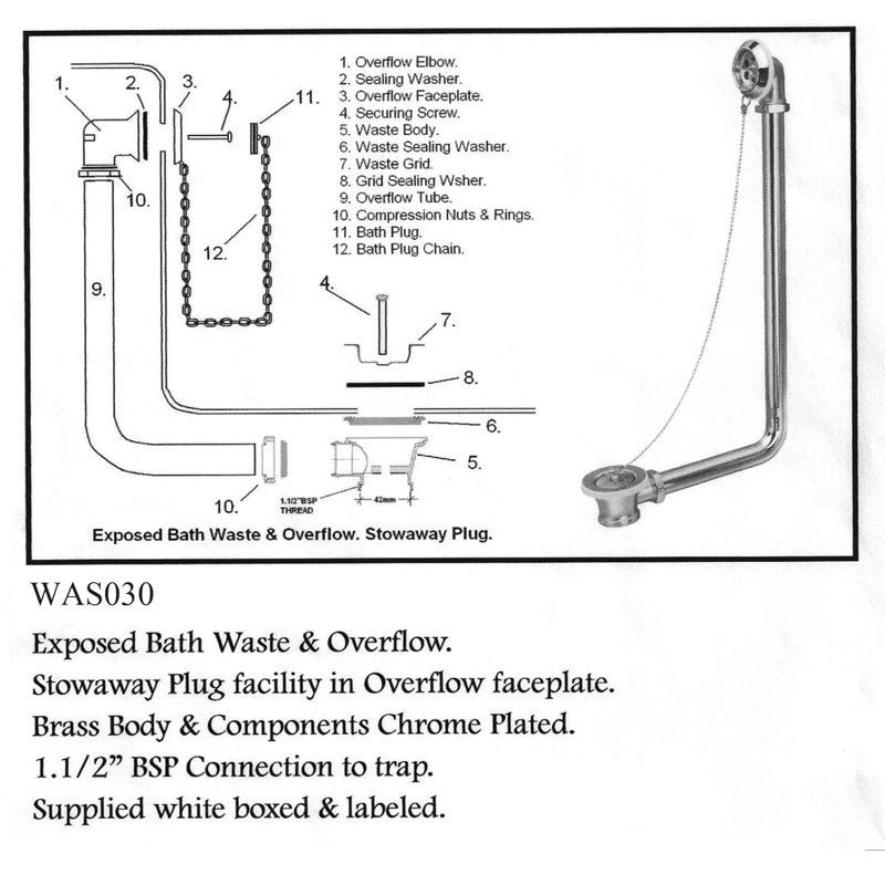 BC Designs Exposed Bath Waste, Plug & Chain with Overflow Pipe technical drawing