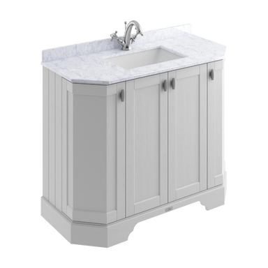 BC Designs Victrion Angled 4-Door 1000mm Vanity Unit in Earl's Grey Finish and White Marble Wash Basin with 1 Tap Hole BCF1000EG