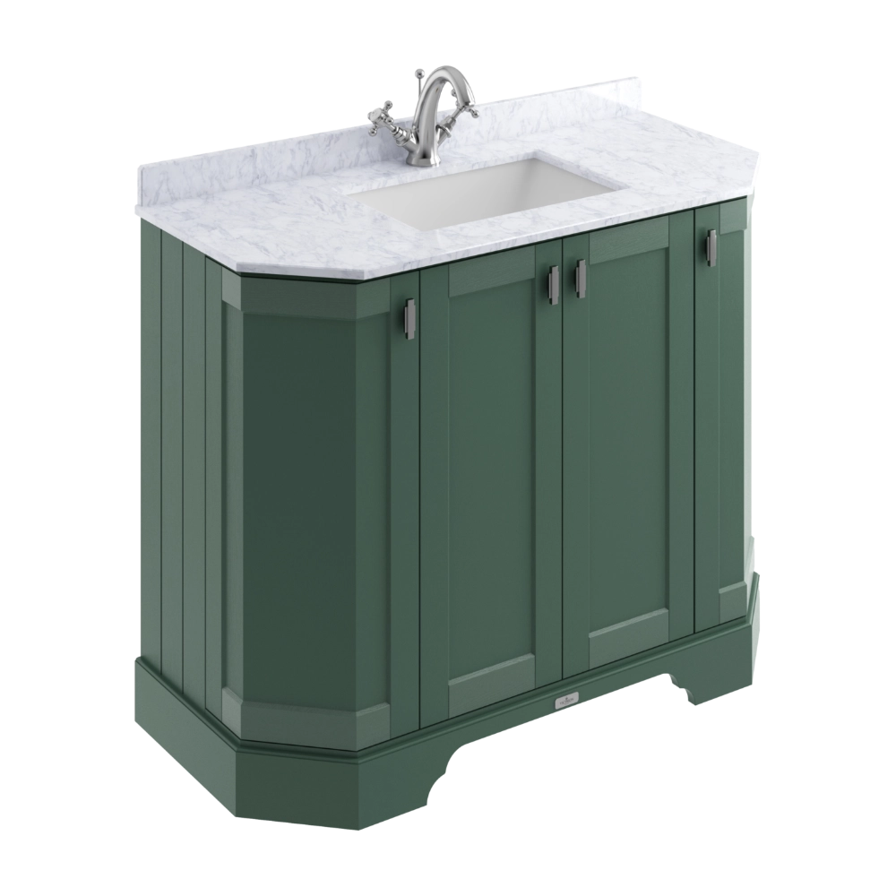 BC Designs Victrion Angled 4-Door Vanity Unit 1000mm in Forest Green finish & White Marble Basin 1TH BCF1000FG