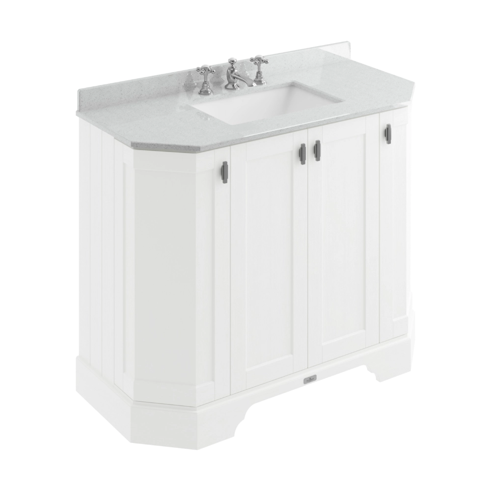 BC Designs Victrion Angled 4-Door Vanity Unit 1000mm in Nimbus White finish and Grey Marble Basin with 3 Tap Holes BCF1000NW