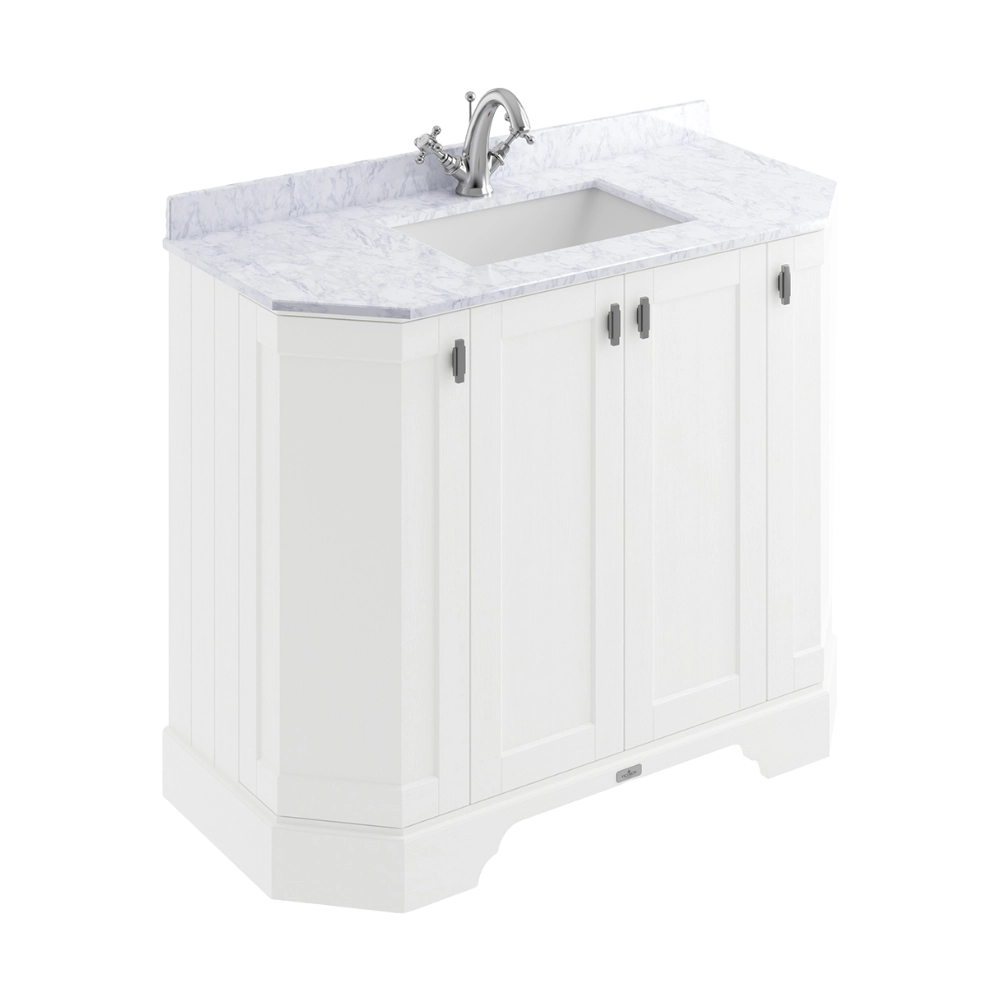 BC Designs Victrion Angled 4-Door Vanity Unit 1000mm in Nimbus White finish and White Marble Basin with 1 Tap Hole BCF1000NW
