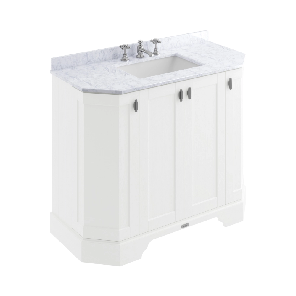BC Designs Victrion Angled 4-Door Vanity Unit 1000mm in Nimbus White finish and White Marble Basin with 3 Tap Holes BCF1000NW