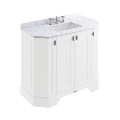 BC Designs Victrion Angled 4-Door Vanity Unit 1000mm in Nimbus White finish and White Marble Basin with 3 Tap Holes BCF1000NW