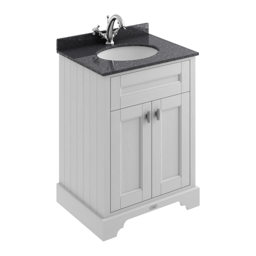 BC Designs Victrion 2-Door Bathroom Vanity Unit in Earl's Grey finish and Black Marble Basin Top with 1 Tap Hole in size width 620mm BCF1000EG 