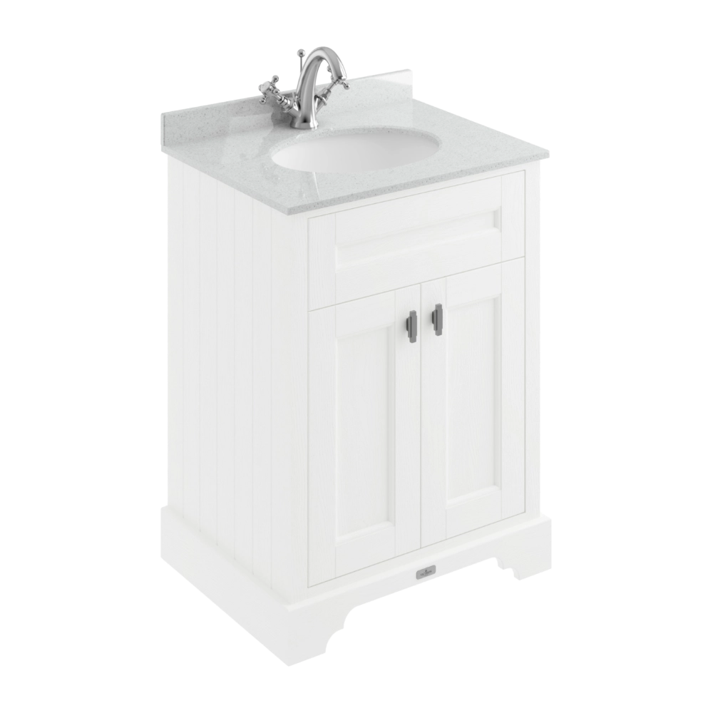 BC Designs Victrion 2-Door Bathroom Vanity Unit in Nimbus White finish and Grey Marble Basin with 1 Tap Hole size 620mm BCF600NW