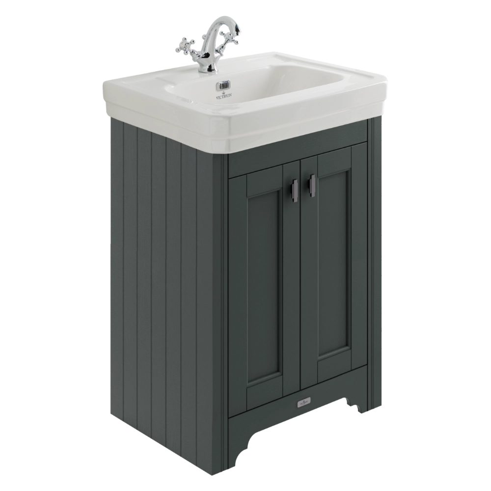 BC Designs Victrion Bathroom Ceramic Basin and Vanity Unit 640mm with two doors in dark lead finish with one tap hole