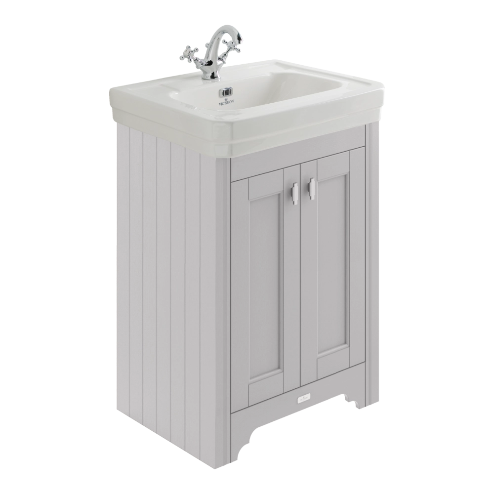 BC Designs Victrion Bathroom Ceramic Basin and Vanity Unit 640mm with two doors in earls grey finish with one tap holes