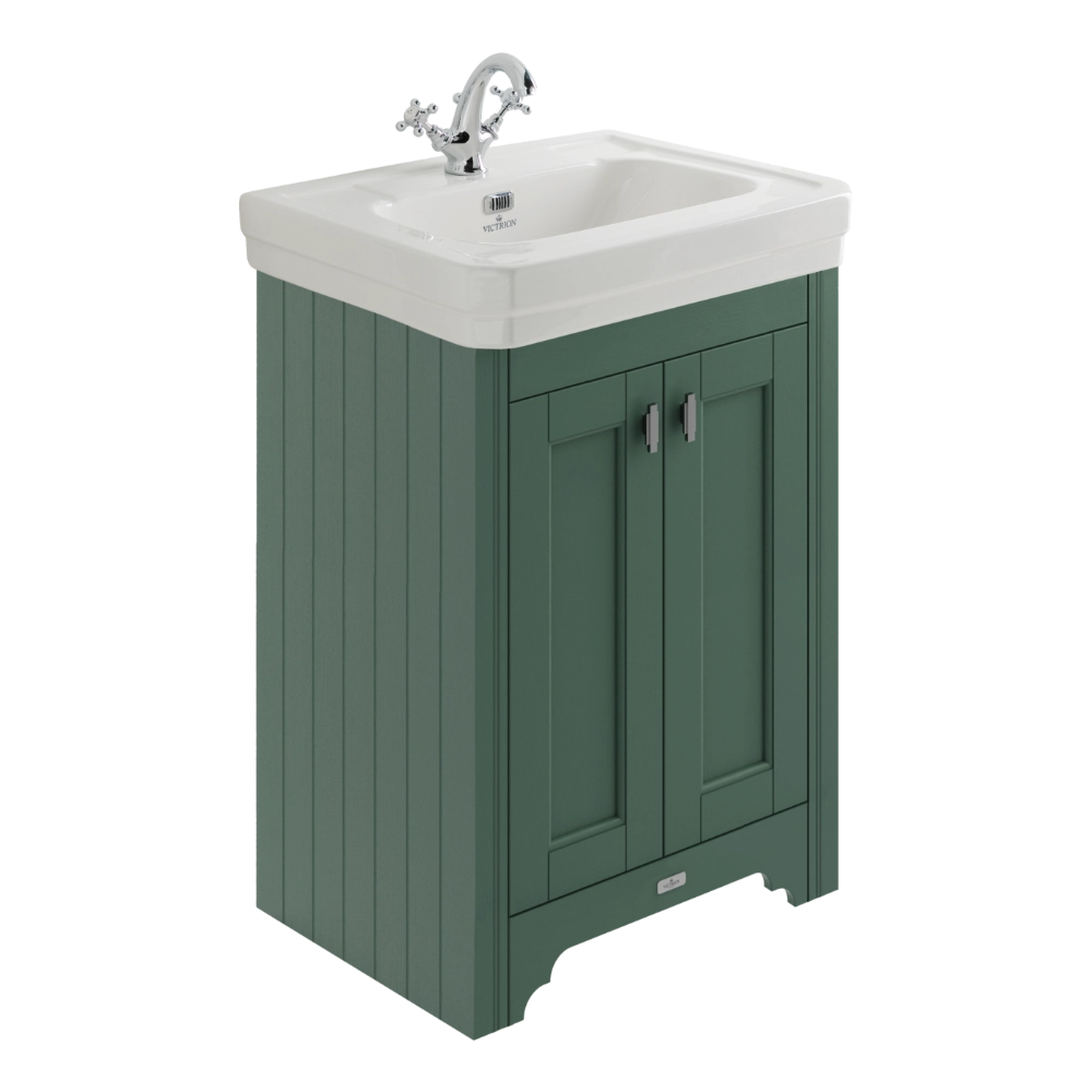 BC Designs Victrion Bathroom Ceramic Basin and Vanity Unit 640mm with two doors in forest green finish with one tap holes
