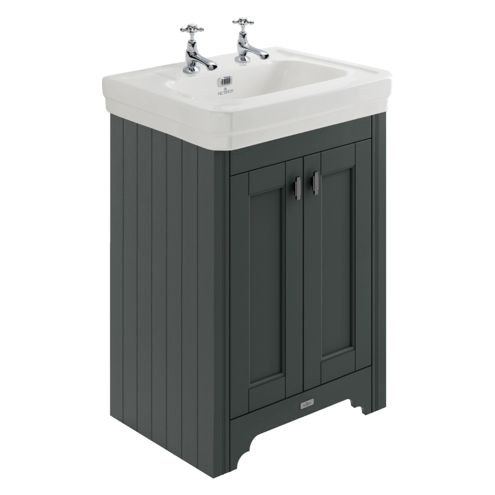 BC Designs Victrion Bathroom Ceramic Basin and Vanity Unit 640mm with two doors in dark lead finish with two tap holes