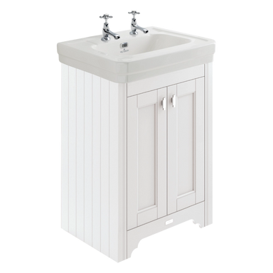 BC Designs Victrion Bathroom Ceramic Basin and Vanity Unit 640mm with two doors in nimbus white finish with two tap holes