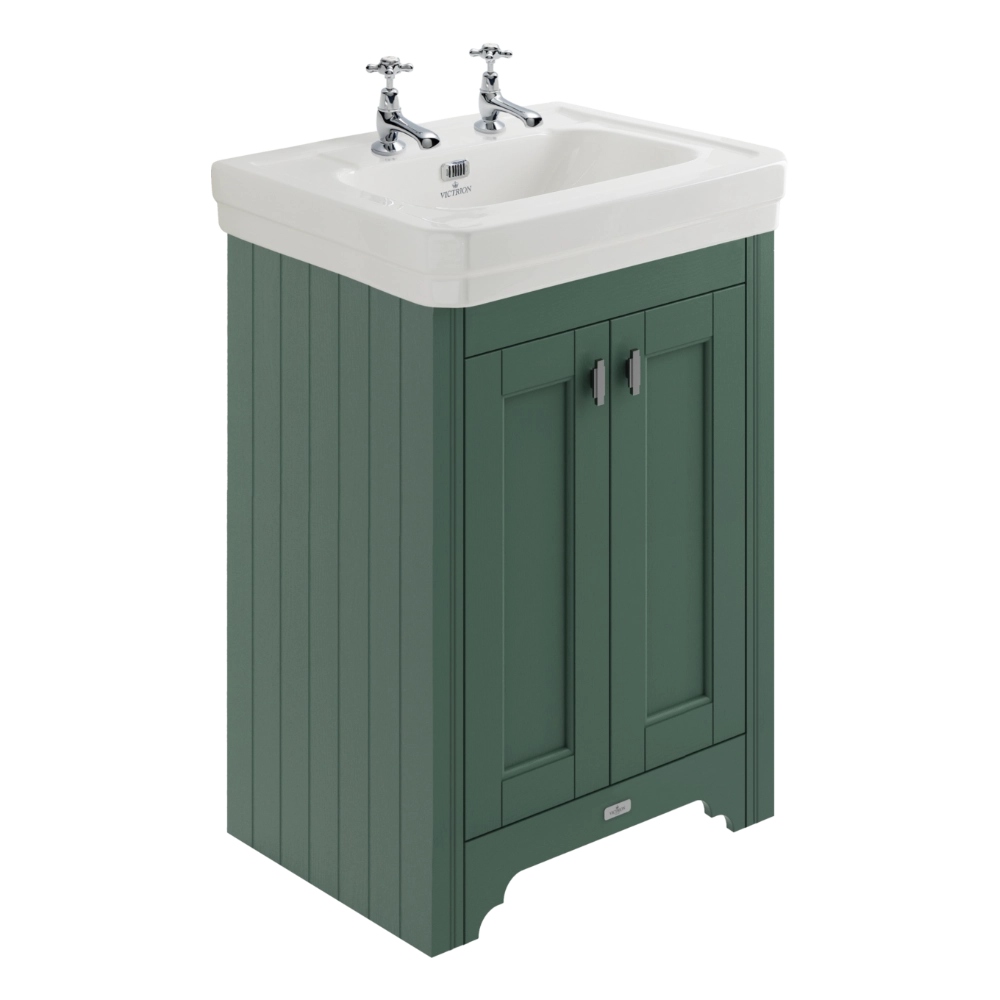 BC Designs Victrion Bathroom Ceramic Basin and Vanity Unit 640mm with two doors in forest green finish with two tap holes