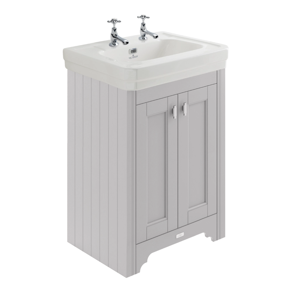 BC Designs Victrion Bathroom Ceramic Basin and Vanity Unit 640mm with two doors in earls grey finish with two tap holes