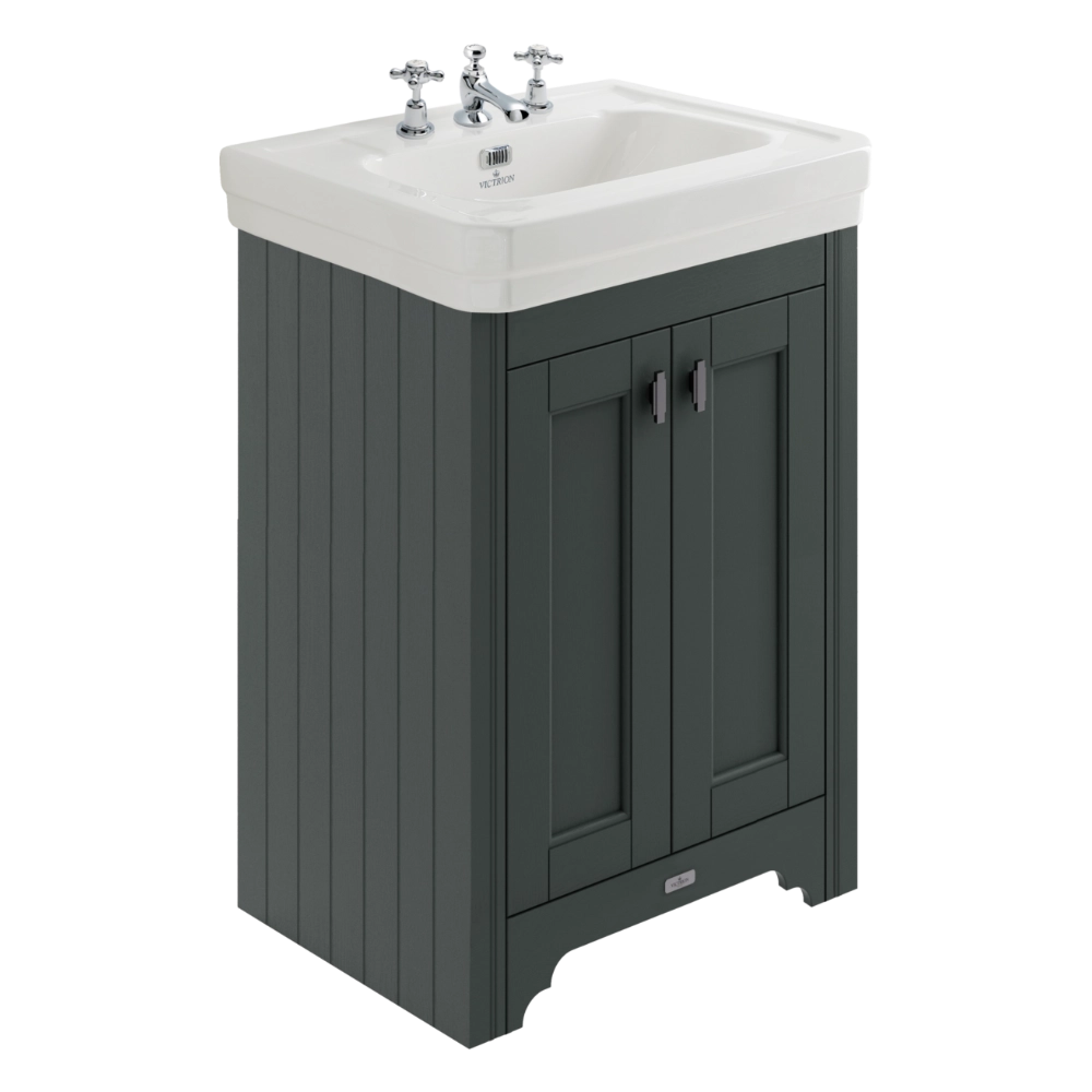 BC Designs Victrion Bathroom Ceramic Basin and Vanity Unit 640mm with two doors in dark lead finish with three tap holes