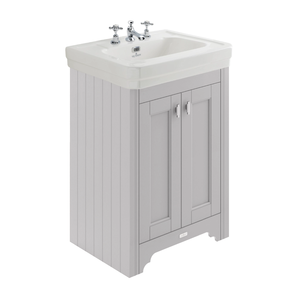 BC Designs Victrion Bathroom Ceramic Basin and Vanity Unit 640mm with two doors in earls grey finish with three tap holes