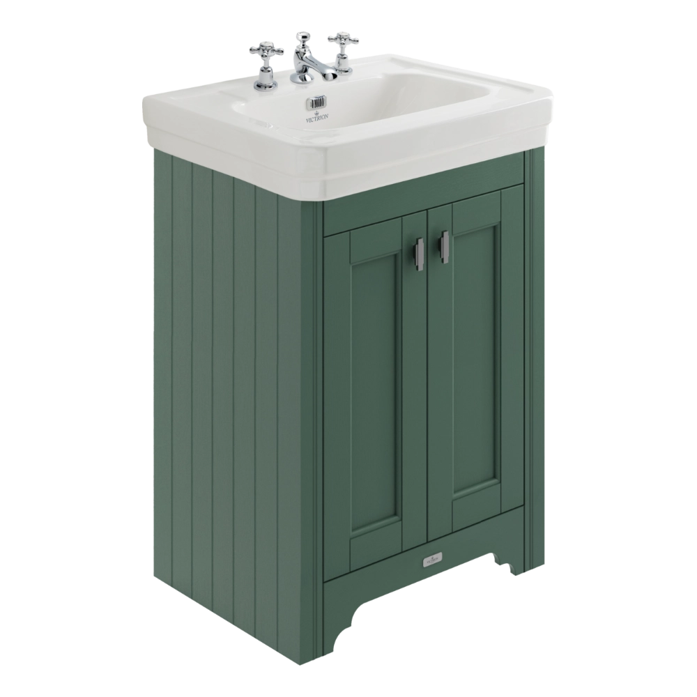 BC Designs Victrion Bathroom Ceramic Basin and Vanity Unit 640mm with two doors in forest green finish with three tap holes
