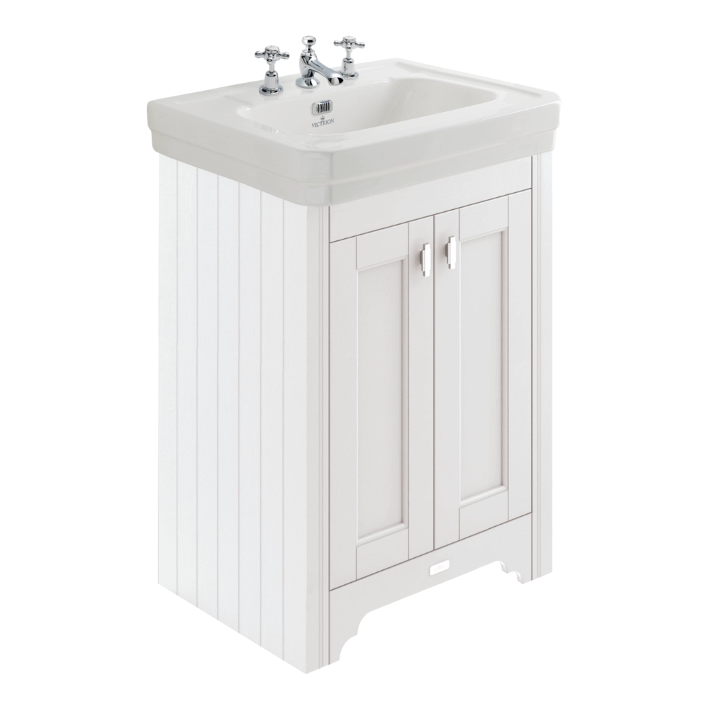 BC Designs Victrion Bathroom Ceramic Basin and Vanity Unit 640mm with two doors in nimbus white finish with three tap holes