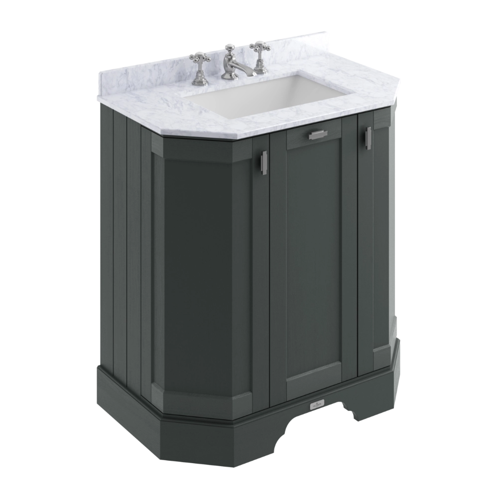 BC Designs Victrion Angled Vanity Unit 750mm in Dark Lead finish and White Marble Basin with 3 Tap Holes BCF750DL