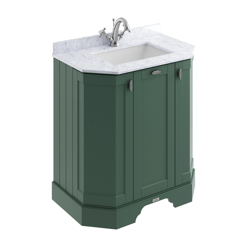 BC Designs Victrion Angled Vanity Unit 750mm in Forest Green finish and White Marble Basin with 1 Tap Hole BCF750FG