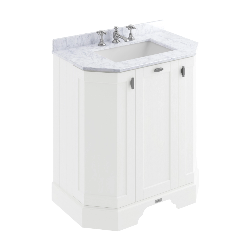 BC Designs Victrion Angled Vanity Unit and White Marble Basin 3 Tap Holes in Nimbus White finish with size width 750mm BCF750NW