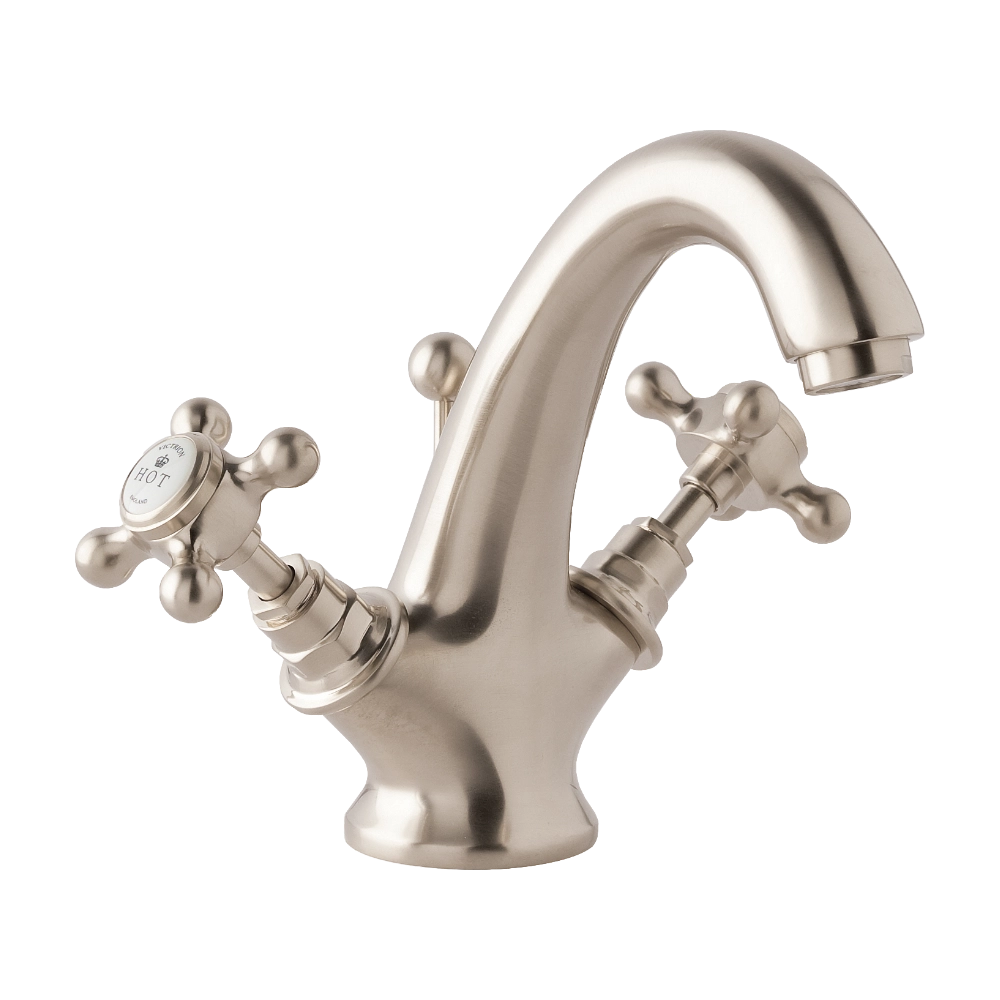 BC Designs Victrion Crosshead Mono Basin Mixer Tap Including Pop-Up Waste in Brushed Nickel Finish for your luxury bathroom CTA015BN