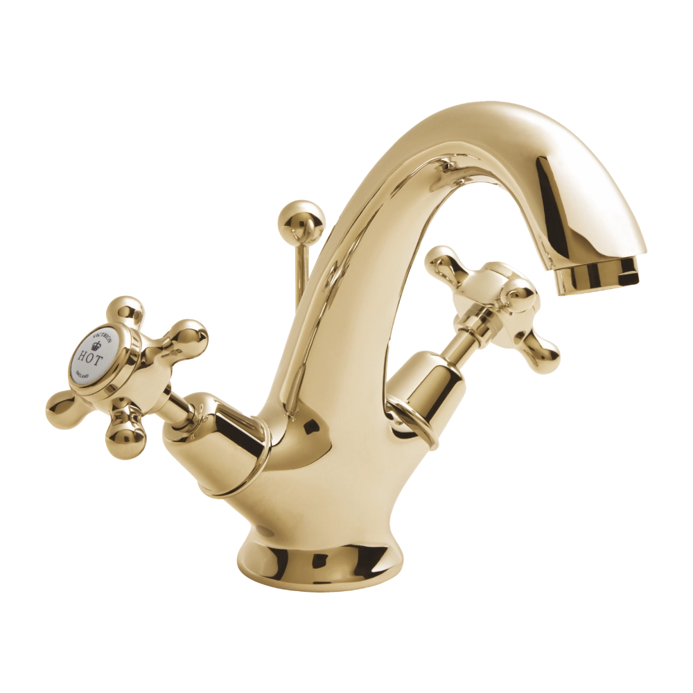 BC Designs Victrion Crosshead Mono Basin Mixer Tap Including Pop-Up Waste in Polished Gold Finish for your luxury bathroom CTA015G