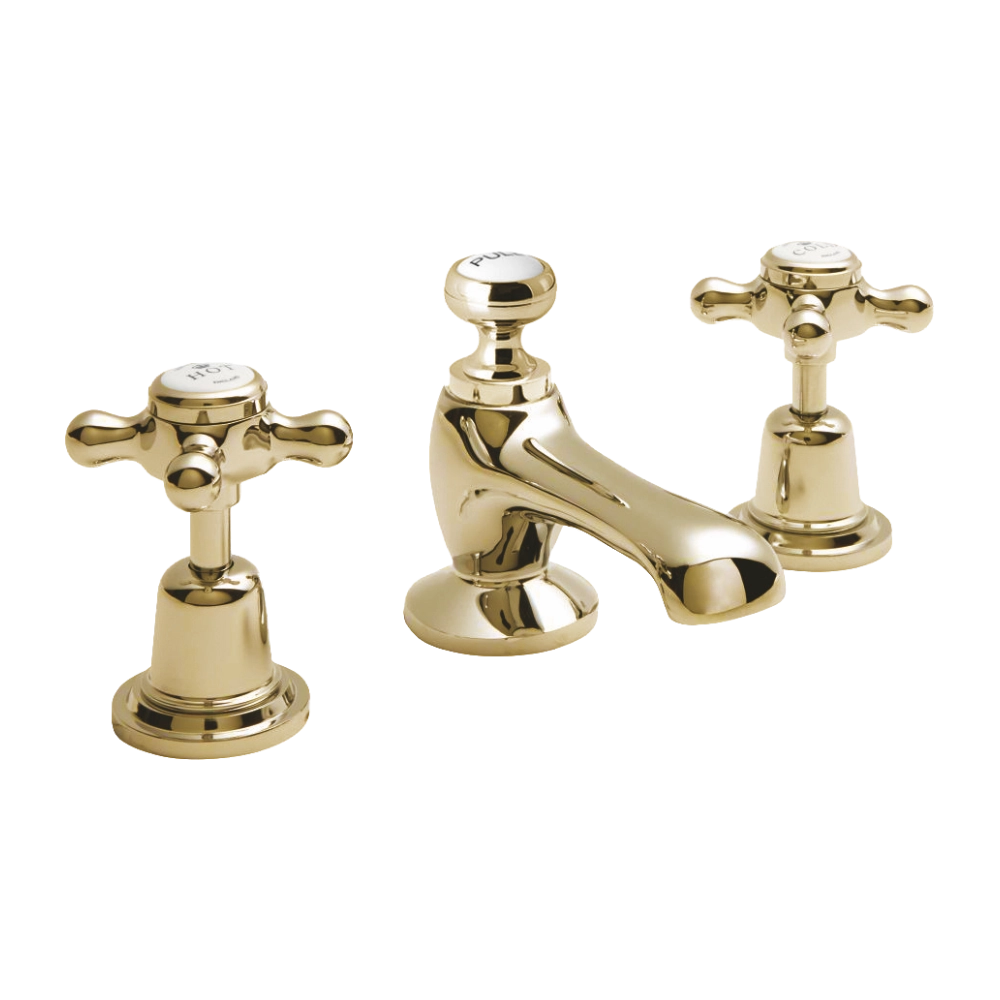 BC Designs Victrion Crosshead 3 Hole Bathroom Basin Tap & Pop-up Waste polished gold