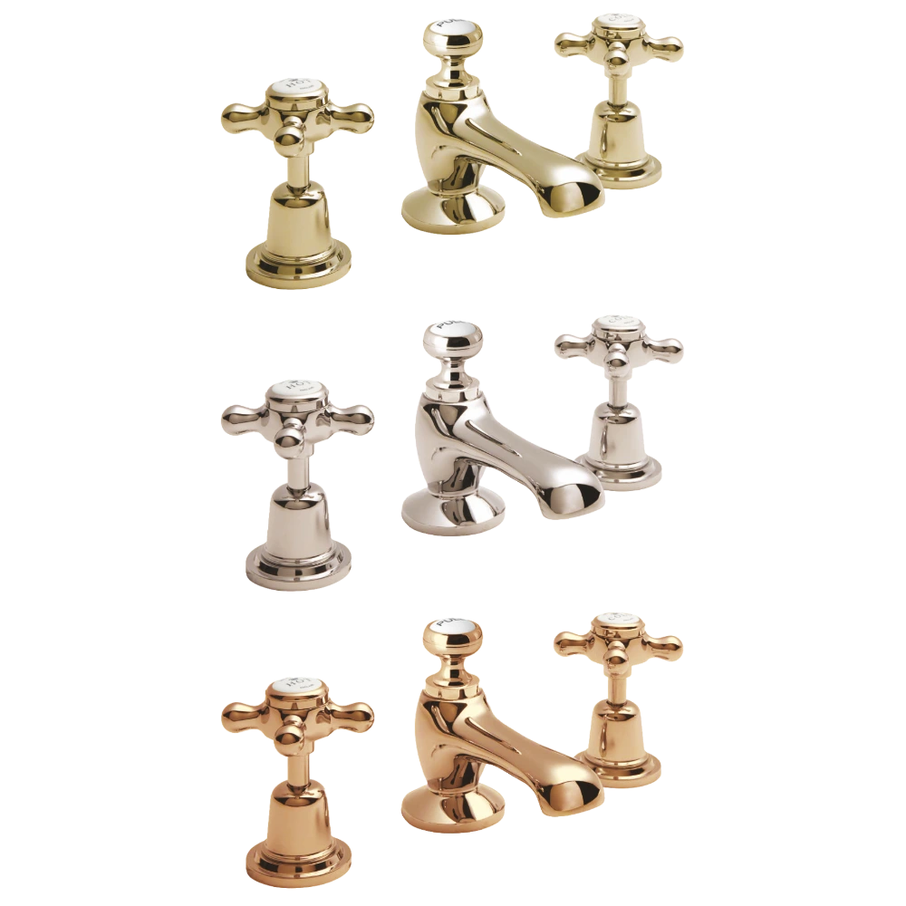 BC Designs Victrion Crosshead 3 Hole Bathroom Basin Tap & Pop-up Waste polished gold, nickel and copper