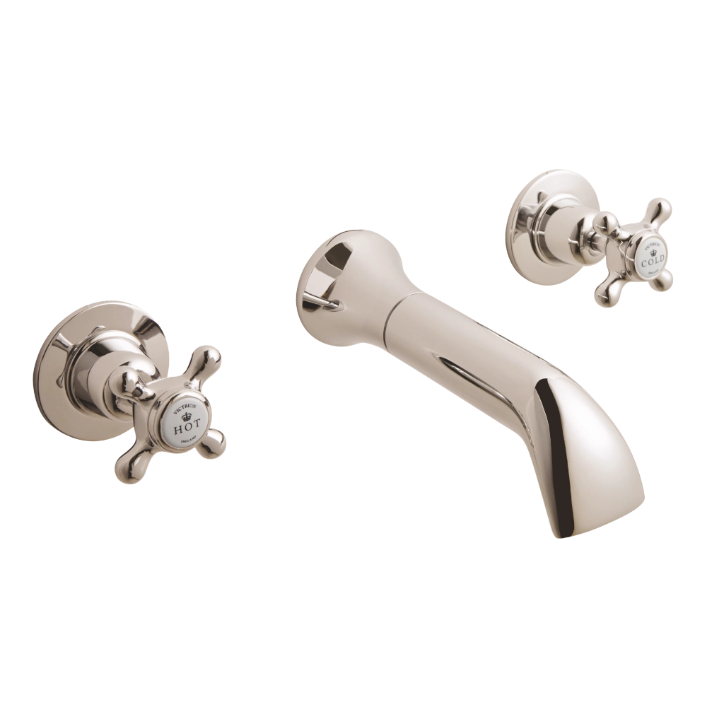 BC Designs Victrion Crosshead 3-Hole Wall-Mounted Bath Filler, 1/4 Turn Ceramic Discs polished nickel