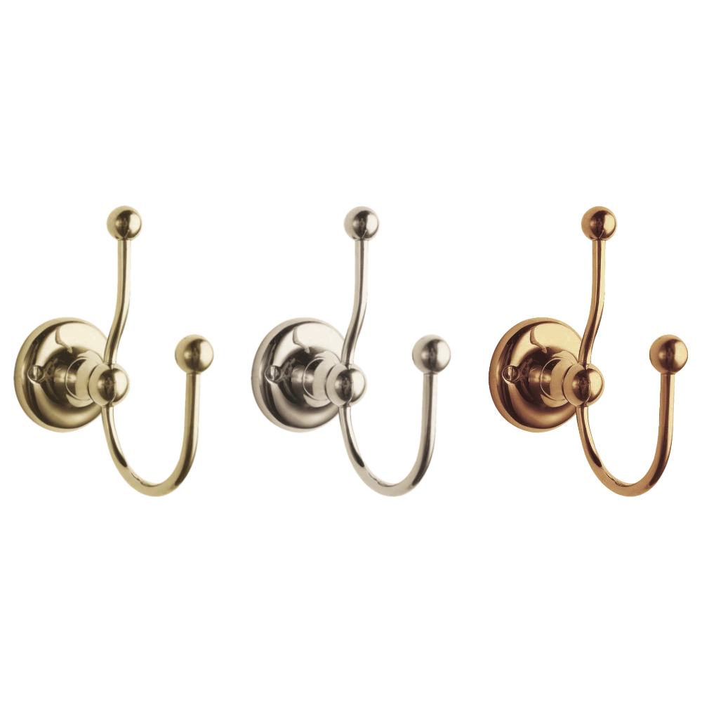 BC Designs Victrion Double Bath Robe Hook, Double Towel Hook polished gold, nickel and copper