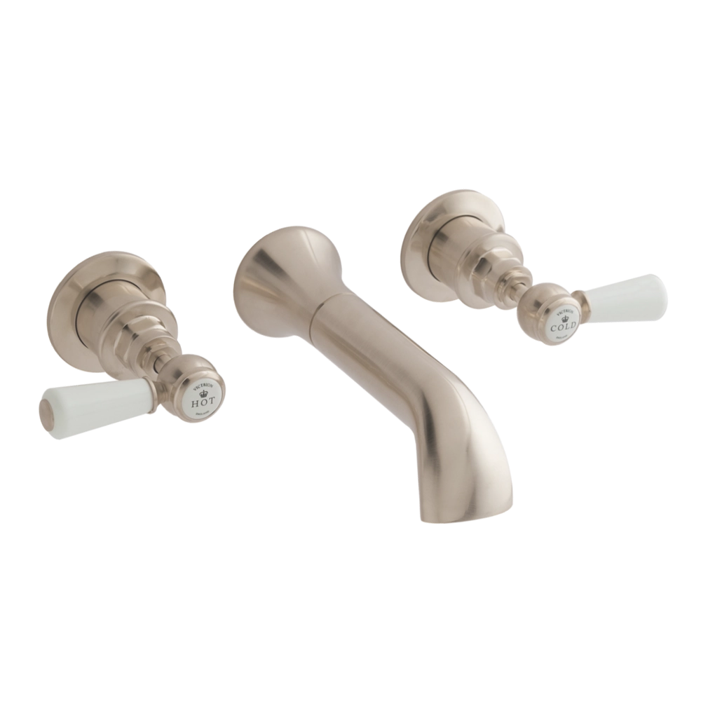 BC Designs Victrion Lever 3 Hole Wall-Mounted Bath Filler Tap brushed nickel finish for modern bathroom CTB130BN