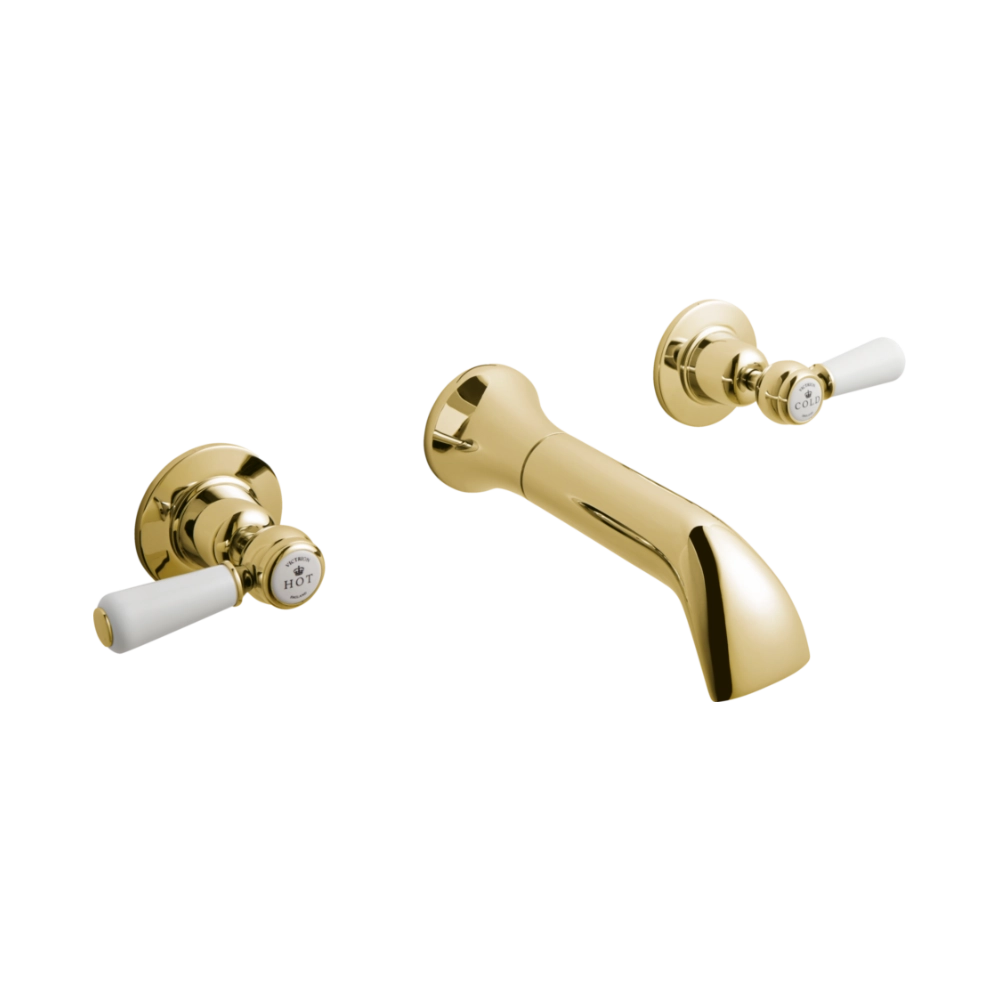 BC Designs Victrion Lever 3 Hole Wall-Mounted Bath Filler Tap polished gold finish for luxury bathroom CTB130G