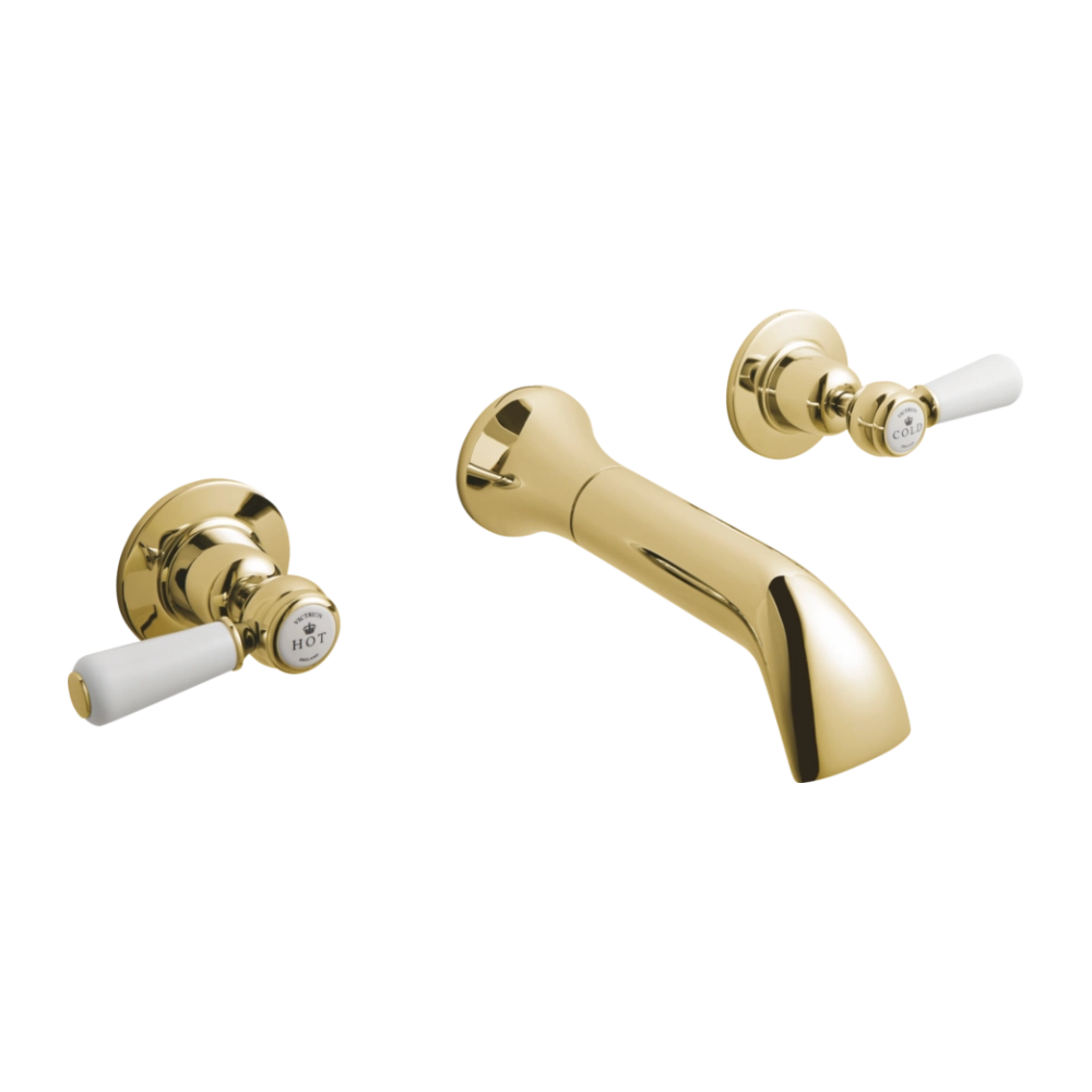 BC Designs Victrion Lever 3 Hole Wall Mounted Basin Filler in polished gold finish CTB031G