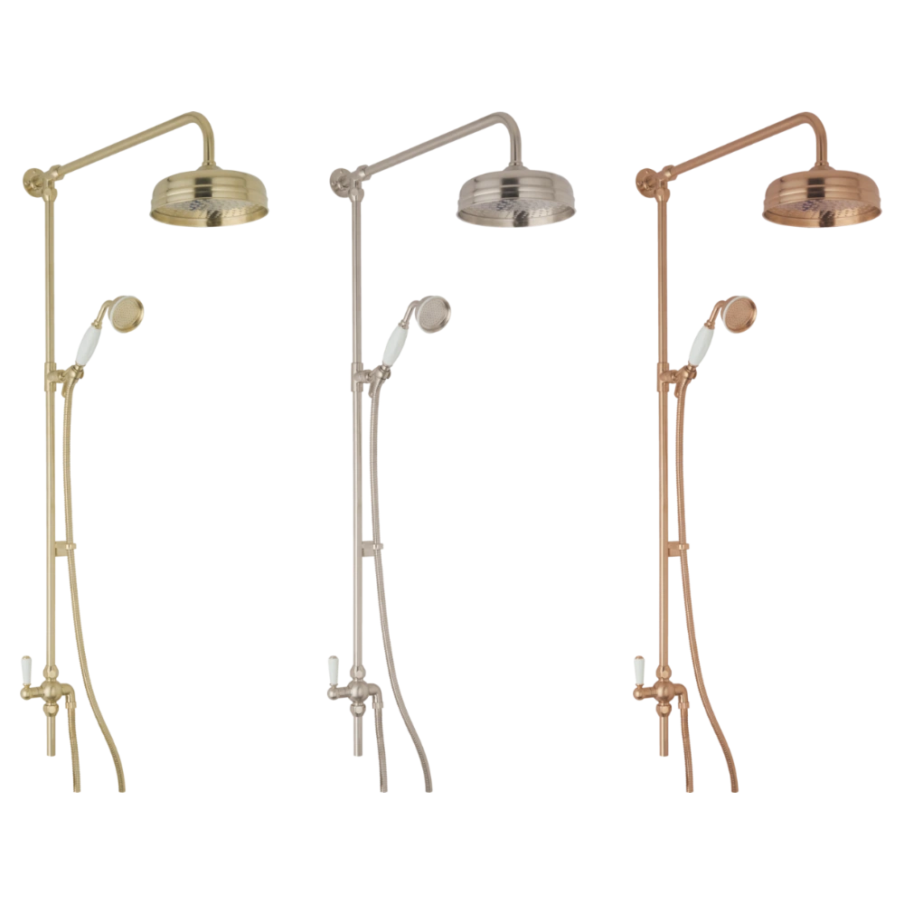 BC Designs Victrion Superbe Fixed Riser Kit with 8″ Shower Head & Handset brushed gold, nickel and copper