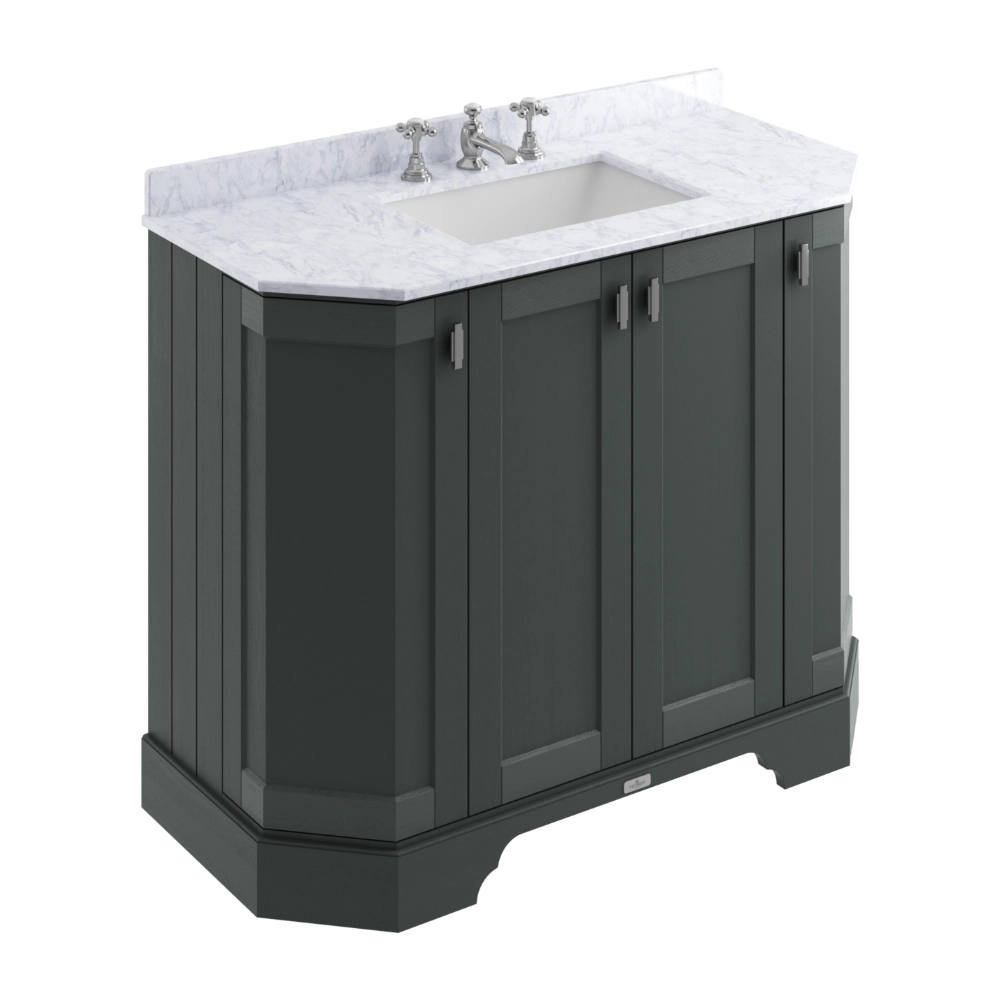 BC Designs Victrion Angled 4-Door 1000mm Vanity Unit in Dark Lead finish and White Marble Basin with 3 Tap Holes BCF1000DL