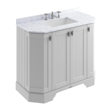BC Designs Victrion Angled 4-Door 1000mm Vanity Unit in Earl's Grey Finish and White Marble Wash Basin with 3 Tap Holes BCF1000EG