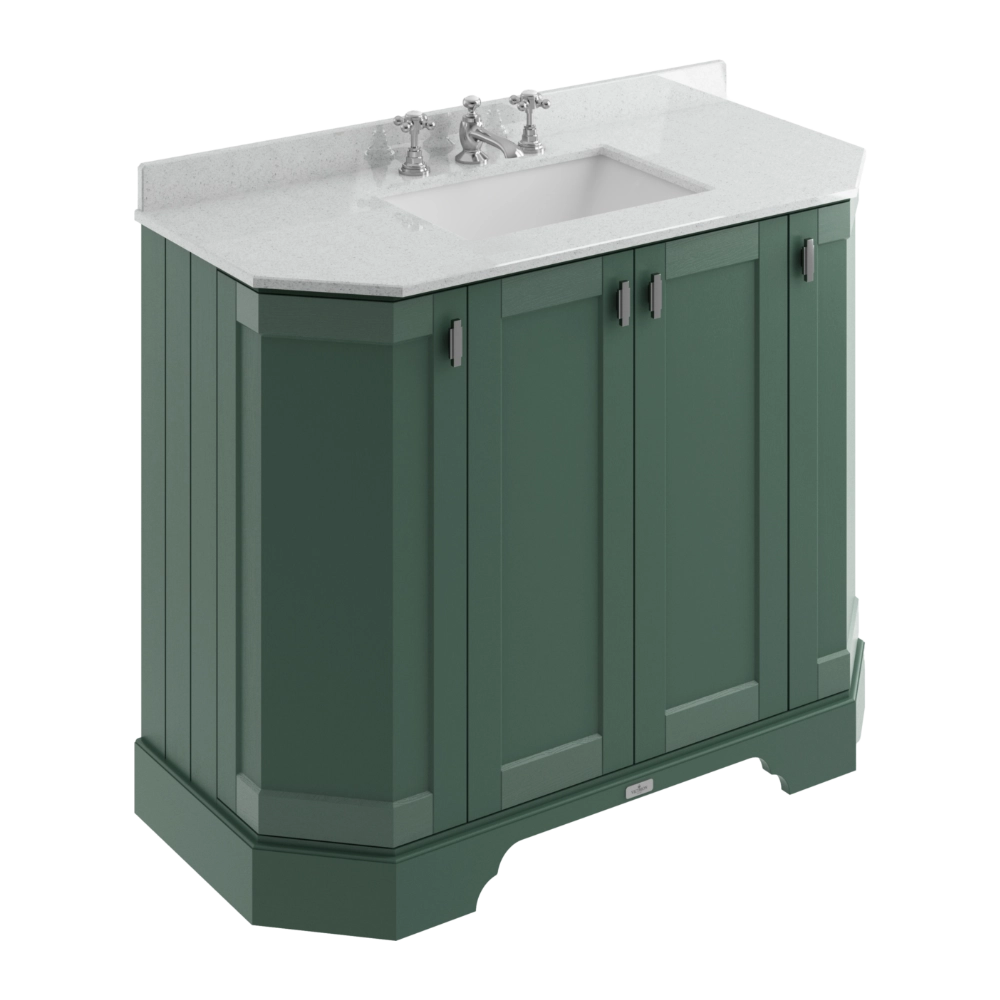 BC Designs Victrion Angled 4-Door Vanity Unit 1000mm in Forest Green finish & Grey Marble Basin 3 Tap Holes BCF1000FG