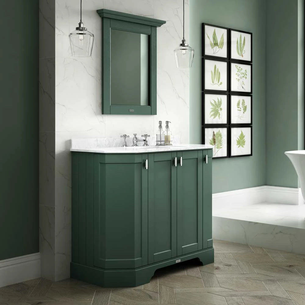 BC Designs Victrion Angled 4-Door Vanity Unit 1000mm in Forest Green finish & White Marble Basin 3 Tap Holes BCF1000FG