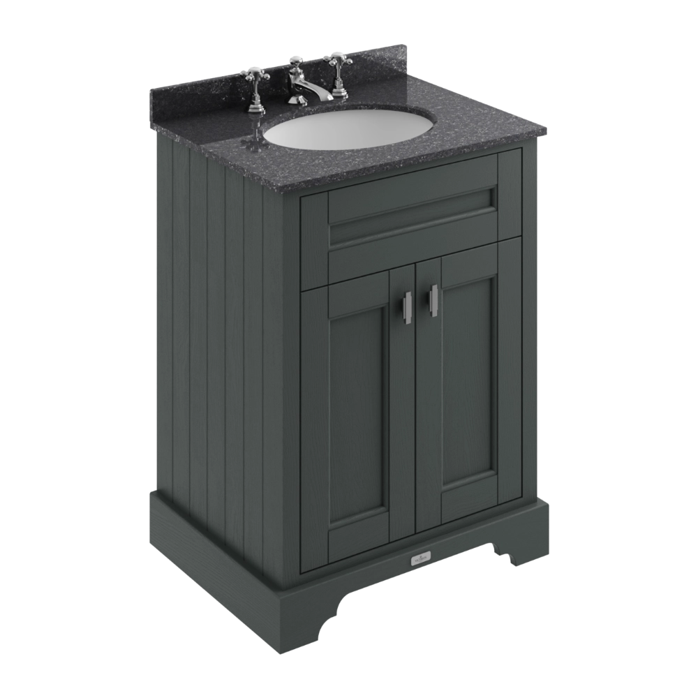 BC Designs Victrion 2-Door Bathroom Vanity Unit in Dark Lead finish and Black Marble Basin Top 3 Tap Holes with size width 620mm for classic bathroom BCF600DL 