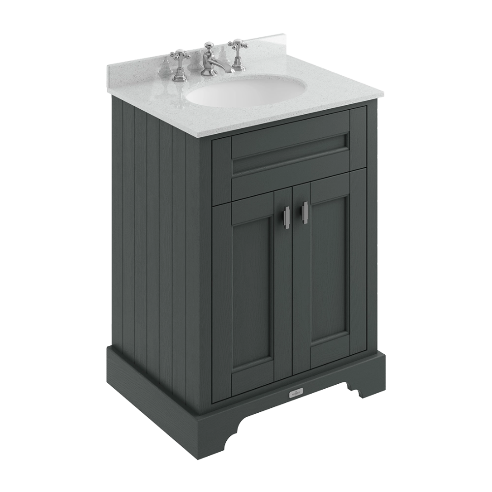 BC Designs Victrion 2-Door Bathroom Vanity Unit in Dark Lead finish and Grey Marble Basin Top 3 Tap Holes with size width 620mm for traditional bathroom BCF600DL 