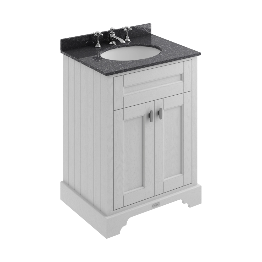 BC Designs Victrion 2-Door Bathroom Vanity Unit in Earl's Grey finish and Black Marble Basin Top with 3 Tap Holes in size width 620mm BCF1000EG 