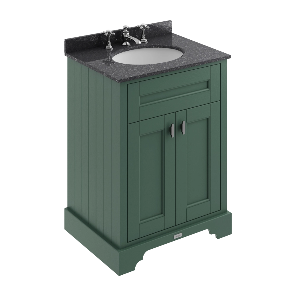 BC Designs Victrion 2-Door Vanity Unit & Black Marble Basin Top with 3 tap holes in Forest Green finish BCF600FG for traditional bathroom