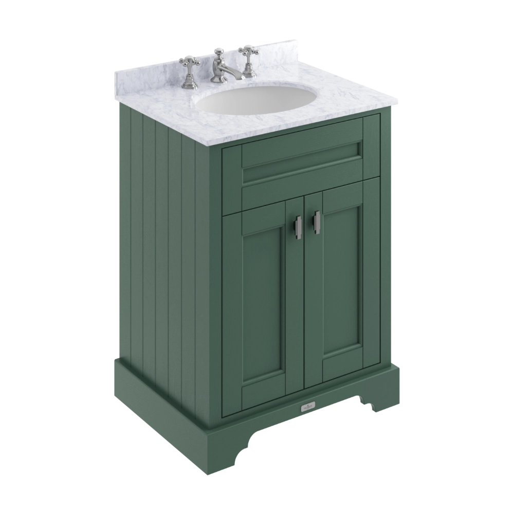 BC Designs Victrion 2-Door Vanity Unit & White Marble Basin Top with 3 Tap Holes in Forest Green finish BCF600FG for traditional bathroom
