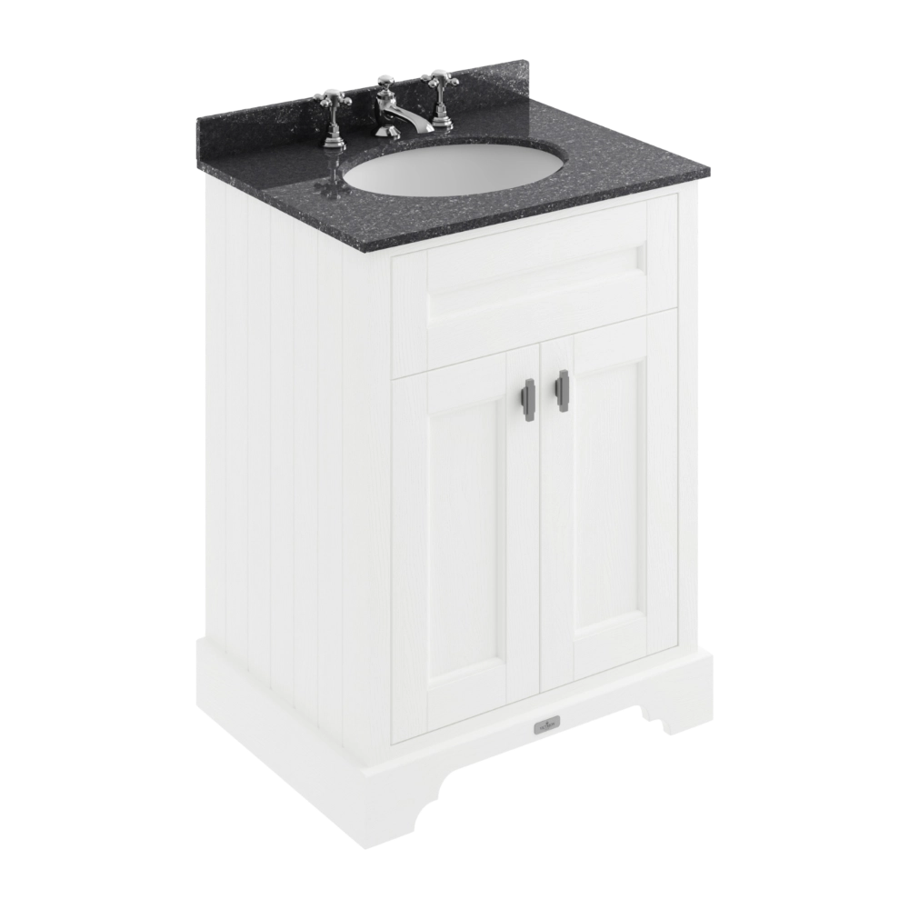 BC Designs Victrion 2-Door Bathroom Vanity Unit in Nimbus White finish and Black Marble Basin with 3 Tap Holes size 620mm BCF600NW