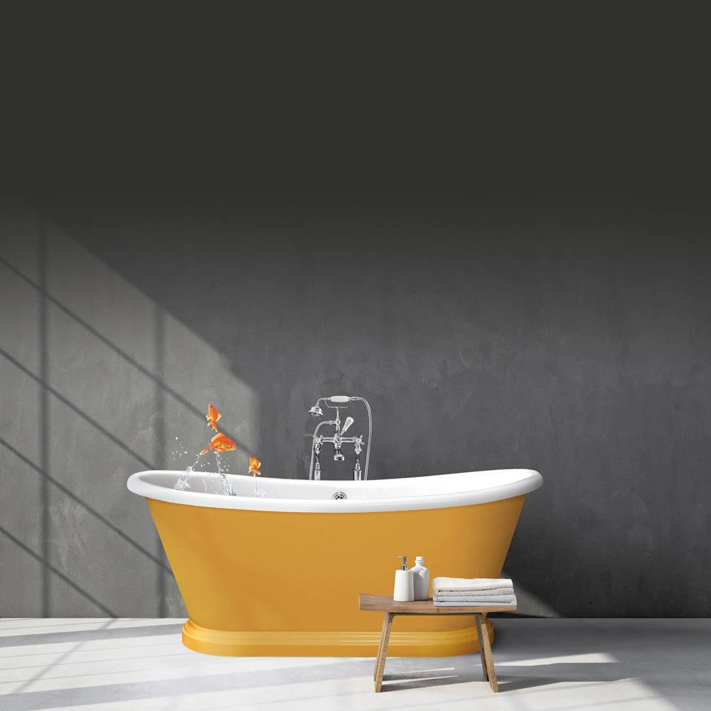 BC Designs Traditional Boat Bath, Acrylic Roll Top Painted Bathtub 1800mm x 750mm BAS070 yellow in modern bathroom
