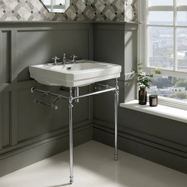 BC Designs Victrion Bathroom Wash Basin and Ardleigh Ornate Stand 640mm with three tap holes in luxury bathroom
