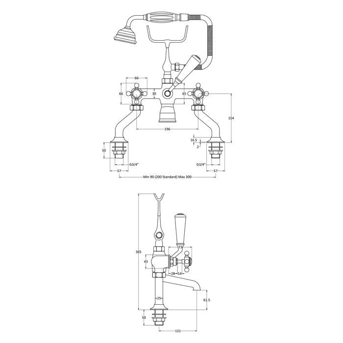bc designs victrion wall mounted bath shower mixer tech spec technical drawing
