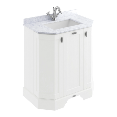 BC Designs Victrion Angled Vanity Unit and White Marble Basin 1 Tap Hole in Nimbus White finish with size width 750mm BCF750NW